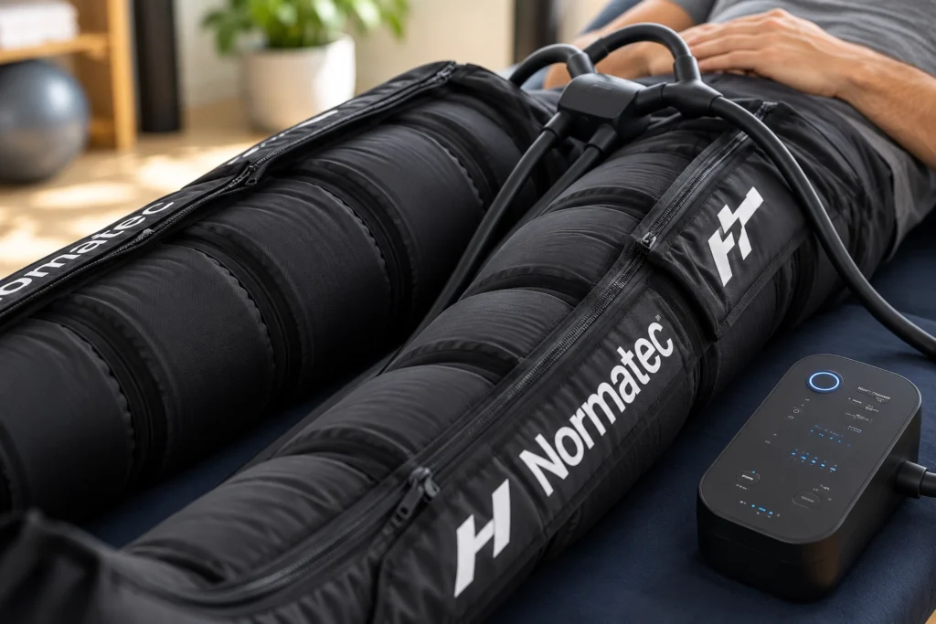 Close-up of Normatec compression boots on an athlete's legs during a recovery session