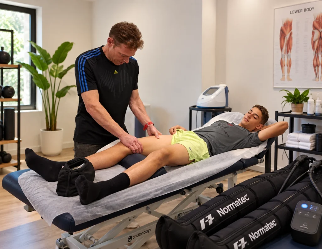 Sports therapist combining Medical Massage and Recovery Boots for an athlete in Thessaloniki