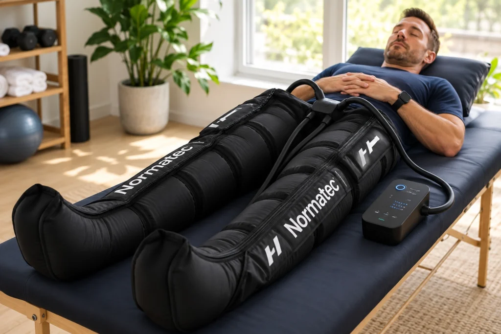 Athlete using Normatec Recovery Boots on legs and hips at Kfir Zilber's clinic in Thessaloniki