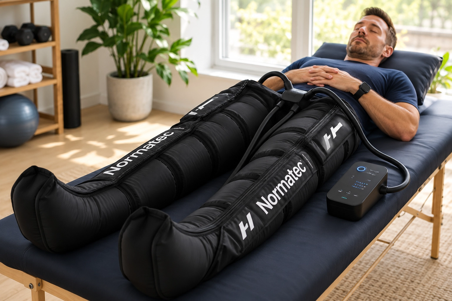 Athlete using Normatec Recovery Boots on legs and hips at Kfir Zilber's clinic in Thessaloniki