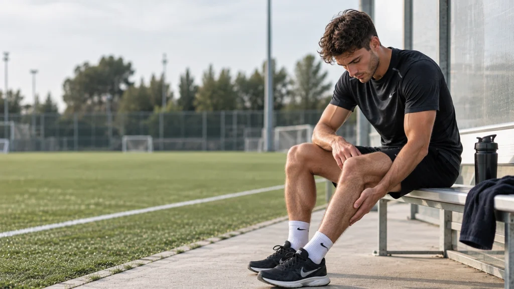 Athlete holding a sore calf after training, unsure if it is muscle soreness or an injury